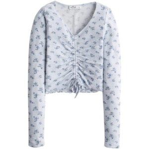 Hollister Womens Blue White Floral Textured Cropped Long Sleeve Cinched Baby Tee